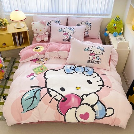 米帛家纺 2024新款正版授权大版三丽鸥牛奶绒四件套 樱桃凯蒂猫