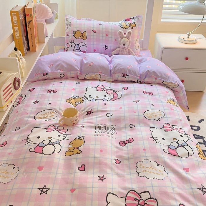 91家纺网 家纺一手货源 找家纺 楠沐家纺 2025新款亲肤芦荟棉印花学生宿舍上下铺四件套三件套 紫色KT猫