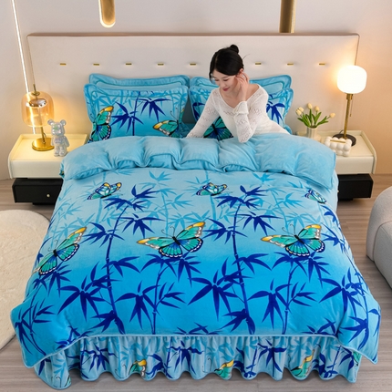 91家纺网 家纺一手货源 找家纺 静缘分 2025新款230克特厚8.5斤牛奶绒金貂绒床裙款保暖四件套-竹生富贵