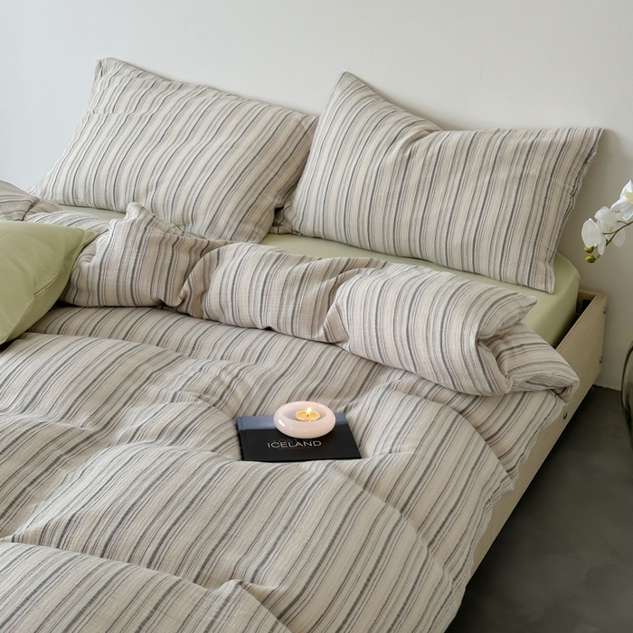 91家纺网 家纺一手货源 找家纺 玛奇朵 2024新款文艺复古色织双层皱皱纱-苏里南系列四件套 苏里南（浅绿床单）