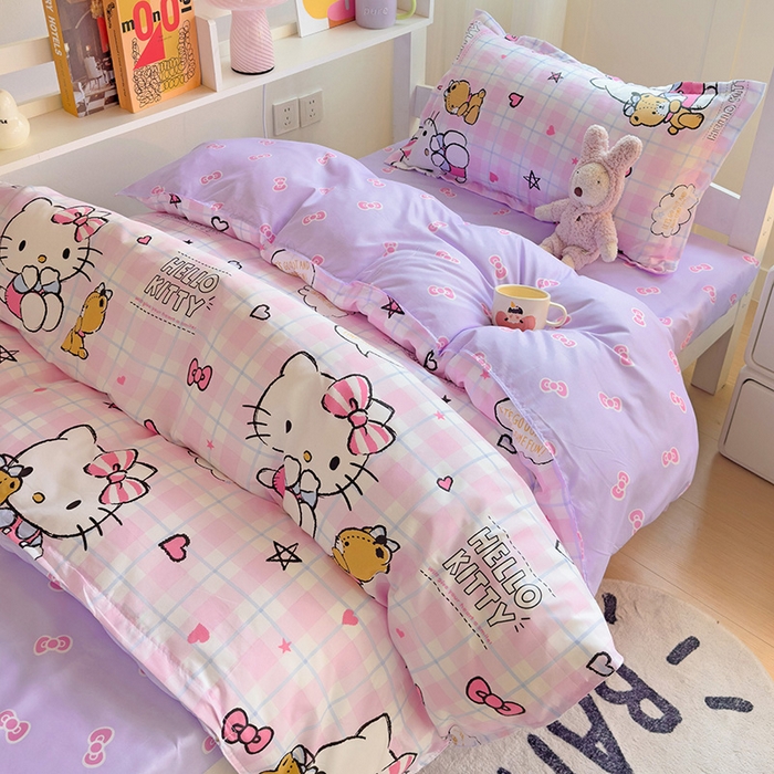 91家纺网 家纺一手货源 找家纺 楠沐家纺 2025新款亲肤芦荟棉印花学生宿舍上下铺四件套三件套 紫色KT猫