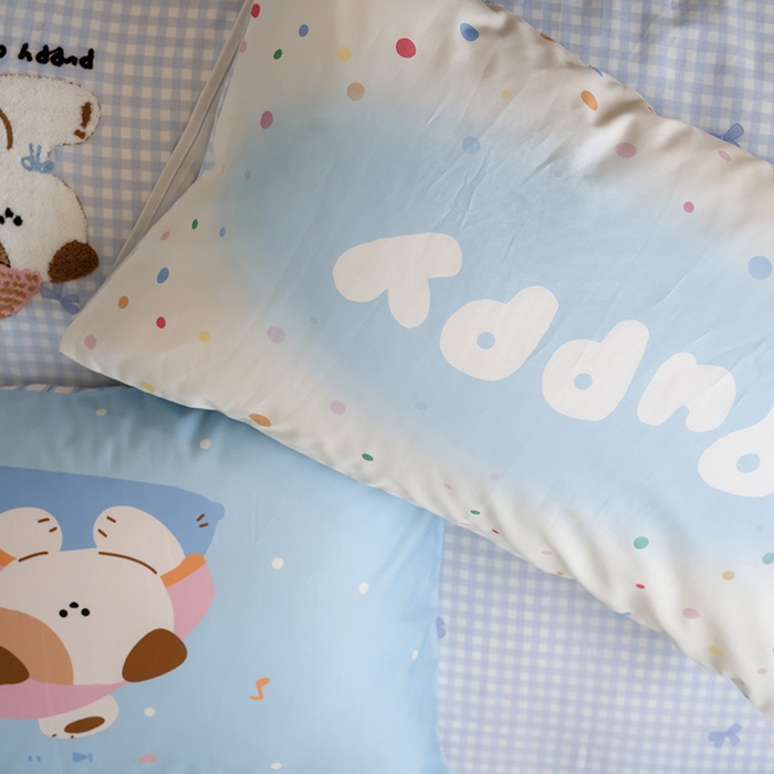 91家纺网 家纺一手货源 找家纺 窝米2024毛巾绣x数码 13370全棉撞色卡通系列四件套 puppy