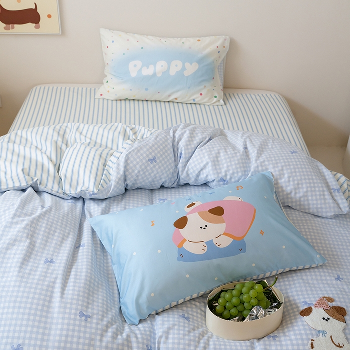 91家纺网 家纺一手货源 找家纺 窝米2024毛巾绣x数码 13370全棉撞色卡通系列四件套 puppy