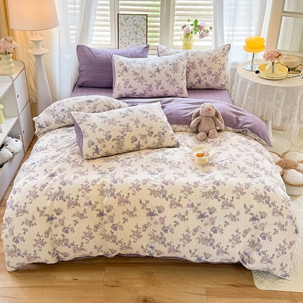 91家纺网 家纺一手货源 找家纺 悦织湾家纺 2025新款A类超柔提花云纱棉四件套 花园兔