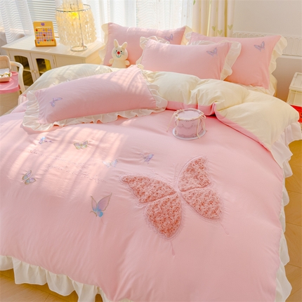 91家纺网 家纺一手货源 找家纺 （总）灰鲸 灰鲸 2025新款水洗双层纱玫瑰兔毛贴布绣四件套-蝶恋