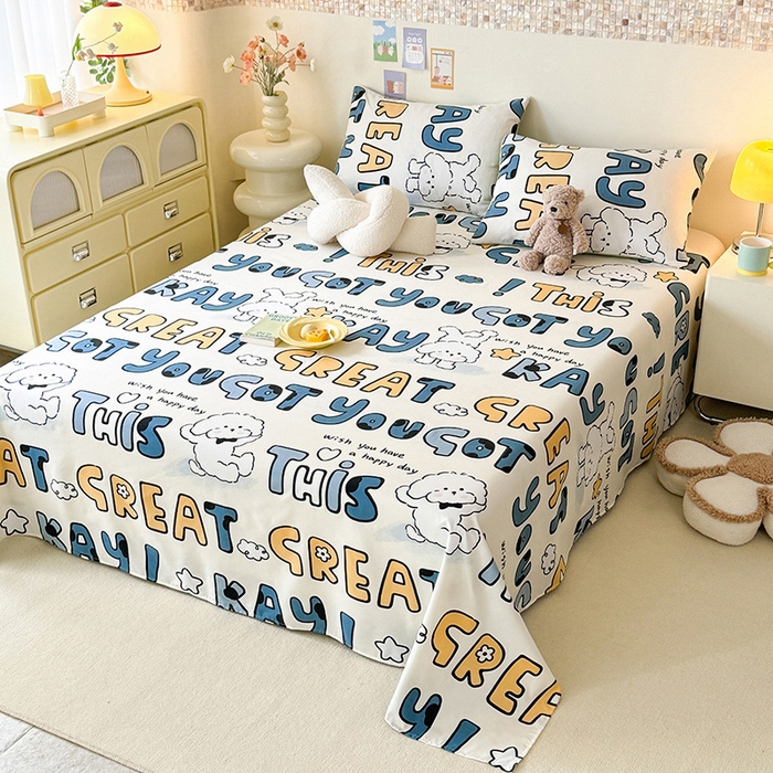 91家纺网 家纺一手货源 找家纺 妖妖家纺 2024新款超柔软糯水洗云朵棉印花单床单 棒棒比熊