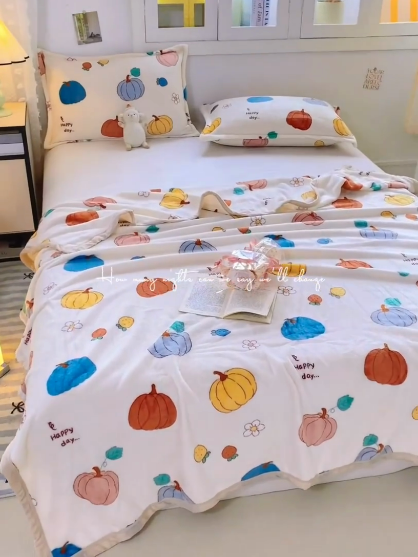 91家纺网 家纺一手货源 找家纺 楠沐家纺 2025新款双面牛奶绒多功能印花毛毯 小南瓜