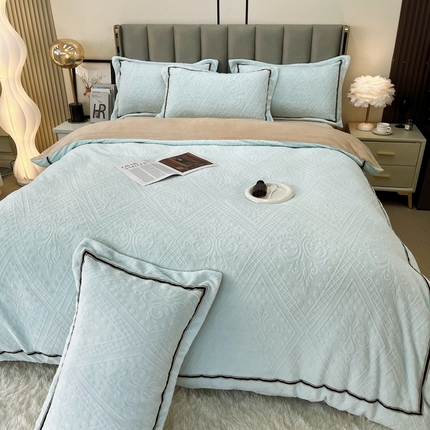 鑫利来家纺 2024新款牛奶绒雕花压线款四件套 欧式-繁星蓝