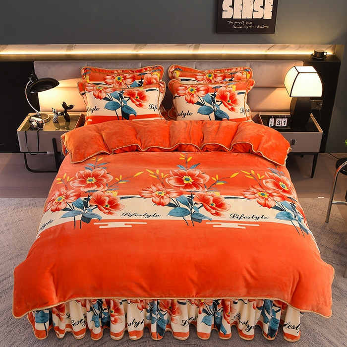 91家纺网 家纺一手货源 找家纺 曼尼家纺2025高克重直播印花床裙款法莱绒金貂珊瑚绒牛奶绒四件套 花间漫舞