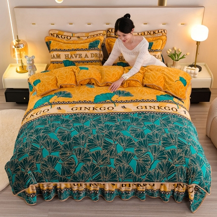 91家纺网 家纺一手货源 找家纺 静缘分 2025新款230克特厚8.5斤牛奶绒金貂绒床裙款保暖四件套-银杏满地