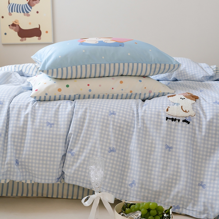 91家纺网 家纺一手货源 找家纺 窝米2024毛巾绣x数码 13370全棉撞色卡通系列四件套 puppy