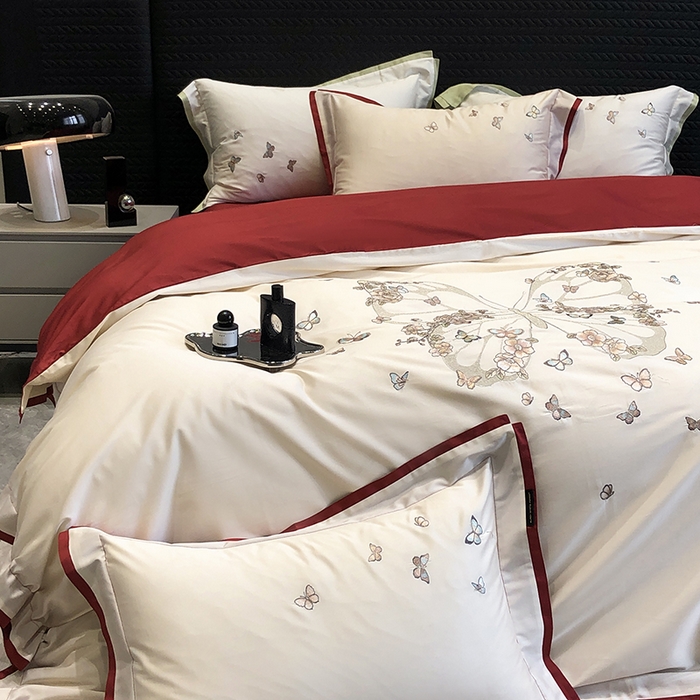 91家纺网 家纺一手货源 找家纺 黑白森林 2024新款50X50S刺绣系列四件套-薇尔花园 薇尔花园-红