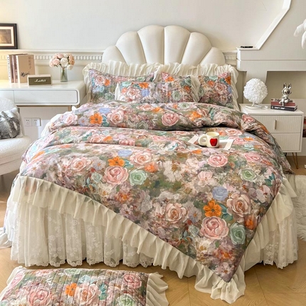 91家纺网 家纺一手货源 找家纺 （总）2025新款法式油画风田园花卉长绒磨毛棉床裙四件套