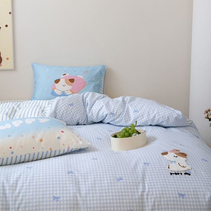 91家纺网 家纺一手货源 找家纺 窝米2024毛巾绣x数码 13370全棉撞色卡通系列四件套 puppy