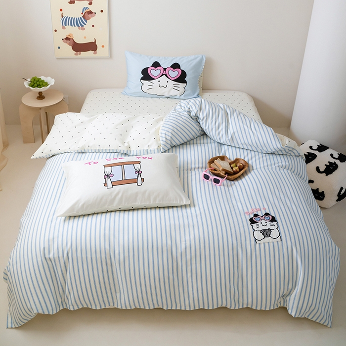 91家纺网 家纺一手货源 找家纺 （总）窝米2024毛巾绣x数码 13370全棉撞色卡通系列四件套