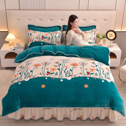 91家纺网 家纺一手货源 找家纺 静缘分 2025新款230克特厚8.5斤牛奶绒金貂绒床裙款保暖四件套-春色满园