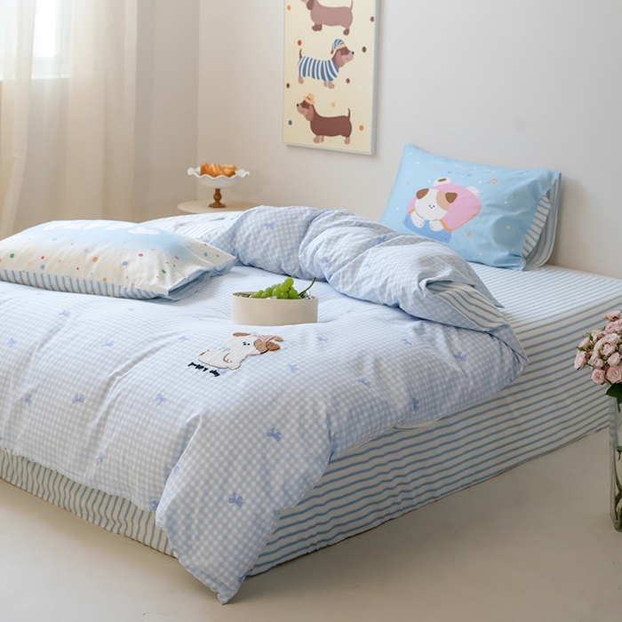 91家纺网 家纺一手货源 找家纺 窝米2024毛巾绣x数码 13370全棉撞色卡通系列四件套 puppy