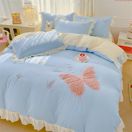 91家纺网 家纺一手货源 找家纺 （总）灰鲸 灰鲸 2025新款水洗双层纱玫瑰兔毛贴布绣四件套-蝶恋