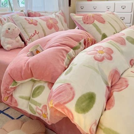 绘萱家居 2025新款高克重印花牛奶绒四件套 花儿朵朵