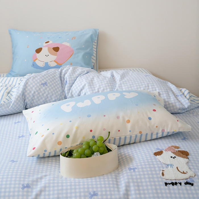 91家纺网 家纺一手货源 找家纺 窝米2024毛巾绣x数码 13370全棉撞色卡通系列四件套 puppy