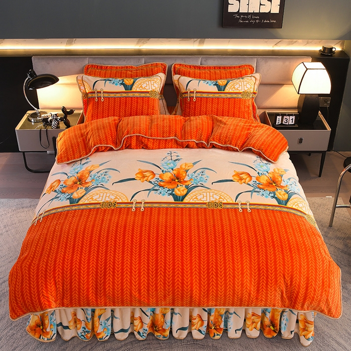 91家纺网 家纺一手货源 找家纺 曼尼家纺2025高克重直播印花床裙款法莱绒金貂珊瑚绒牛奶绒四件套 花开暮色