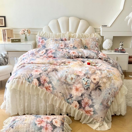 91家纺网 家纺一手货源 找家纺 2025新款法式油画风田园花卉长绒磨毛棉床裙四件套 芙丽-咖