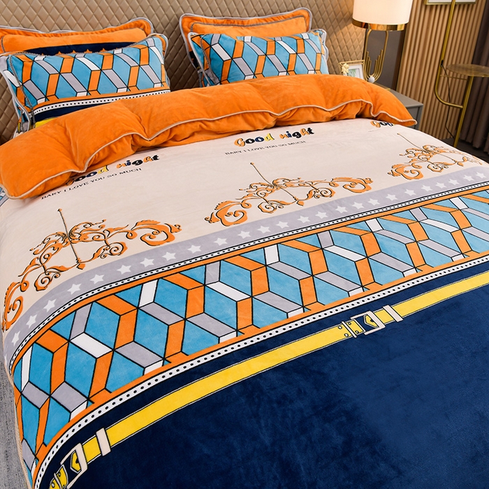 91家纺网 家纺一手货源 找家纺 曼尼家纺2025高克重直播印花床裙款法莱绒金貂珊瑚绒牛奶绒四件套 迷情方格