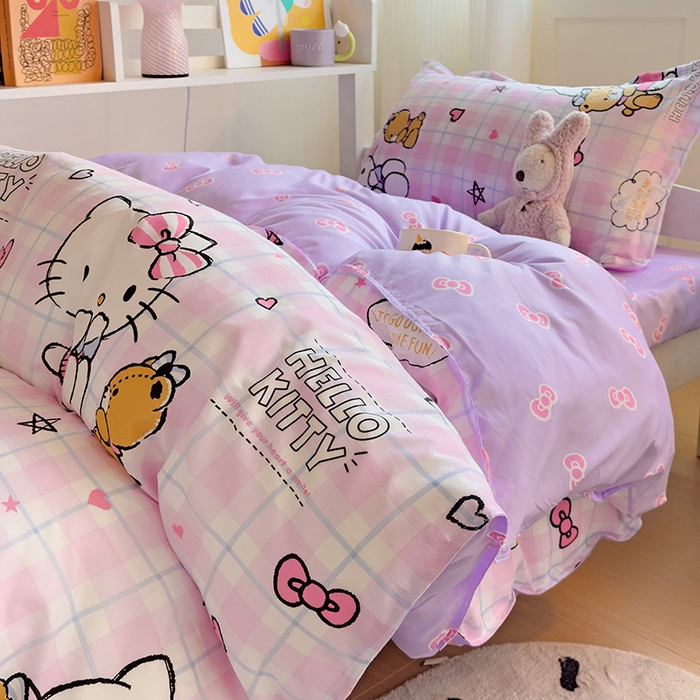 91家纺网 家纺一手货源 找家纺 楠沐家纺 2025新款亲肤芦荟棉印花学生宿舍上下铺四件套三件套 紫色KT猫