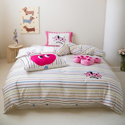 窝米2024毛巾绣x数码 13370全棉撞色卡通系列四件套 蓝心狗