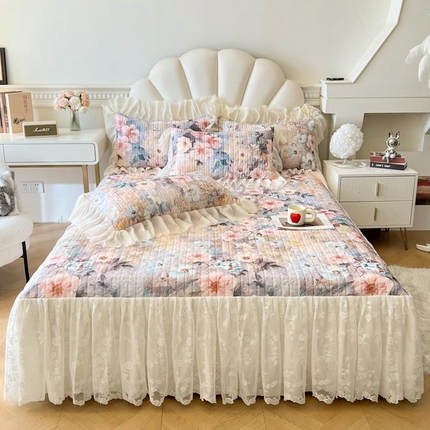 91家纺网 家纺一手货源 找家纺 恋尚 2025新款法式油画风田园花卉长绒磨毛棉床裙 芙丽-咖