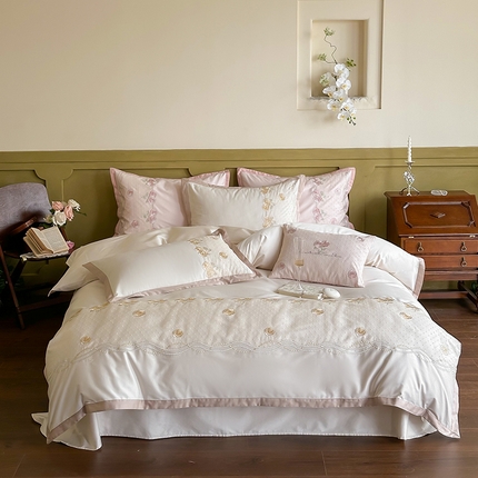 FORTWO家纺原创设计（FOR TWO家纺） 2024新款100s绣花蕾丝长绒棉四件套 玫瑰恋曲-粉