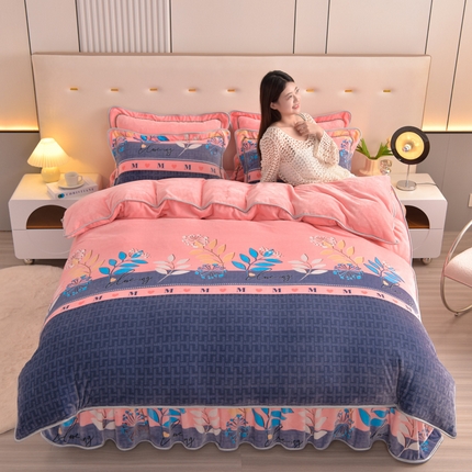 91家纺网 家纺一手货源 找家纺 静缘分 2025新款230克特厚8.5斤牛奶绒金貂绒床裙款保暖四件套-爱恋粉