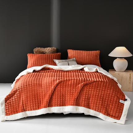 网客家纺 2024新款雕花绒泡泡绒羊羔绒毛毯 琥珀橘