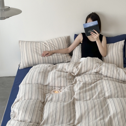 玛奇朵 2024新款文艺复古色织双层皱皱纱-苏里南系列四件套 苏里南（藏兰床单）