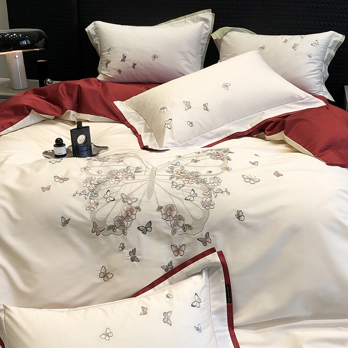 91家纺网 家纺一手货源 找家纺 黑白森林 2024新款50X50S刺绣系列四件套-薇尔花园 薇尔花园-红