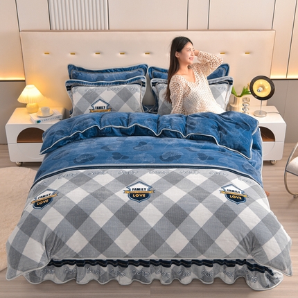 91家纺网 家纺一手货源 找家纺 静缘分 2025新款230克特厚8.5斤牛奶绒金貂绒床裙款保暖四件套-落叶纷飞