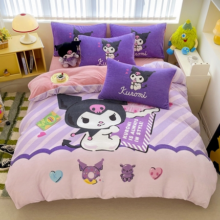 91家纺网 家纺一手货源 找家纺 米帛家纺 2024新款正版授权大版三丽鸥牛奶绒四件套 巧克力库洛米