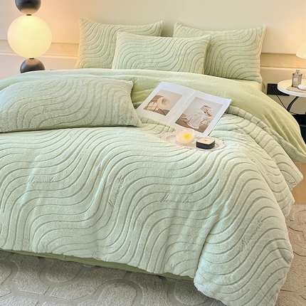 2024新款高克重着色烂花兔毛绒牛奶绒四件套宝宝绒婴儿绒秋冬加厚法莱绒法兰绒珊瑚绒三件套 波浪-青梧绿