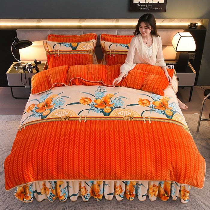 91家纺网 家纺一手货源 找家纺 曼尼家纺2025高克重直播印花床裙款法莱绒金貂珊瑚绒牛奶绒四件套 花开暮色