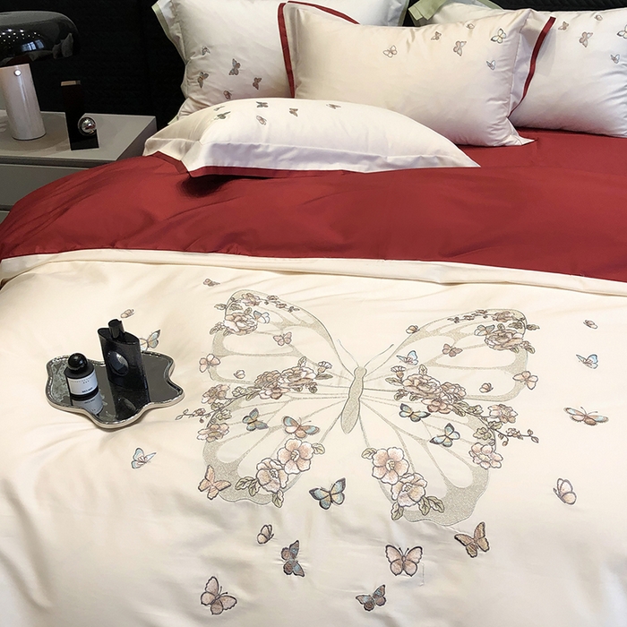 91家纺网 家纺一手货源 找家纺 黑白森林 2024新款50X50S刺绣系列四件套-薇尔花园 薇尔花园-红