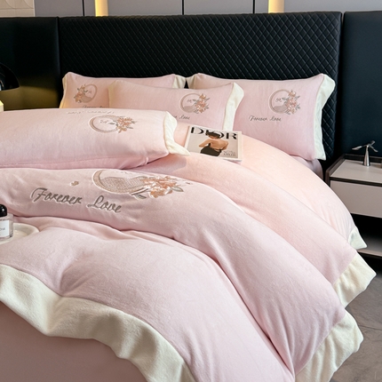 KA家纺 2025新款绣花牛奶绒四件套-玫瑰庄园系列 玫瑰庄园粉