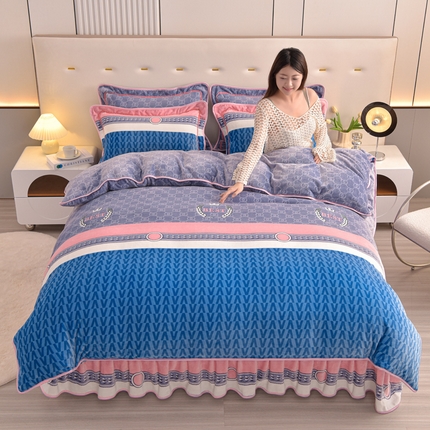 91家纺网 家纺一手货源 找家纺 静缘分 2025新款230克特厚8.5斤牛奶绒金貂绒床裙款保暖四件套-恬静风雅