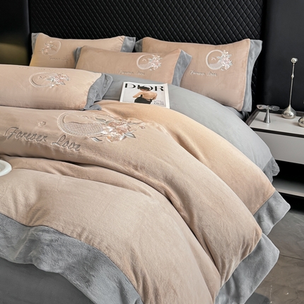 KA家纺 2025新款绣花牛奶绒四件套-玫瑰庄园系列 玫瑰庄园卡其