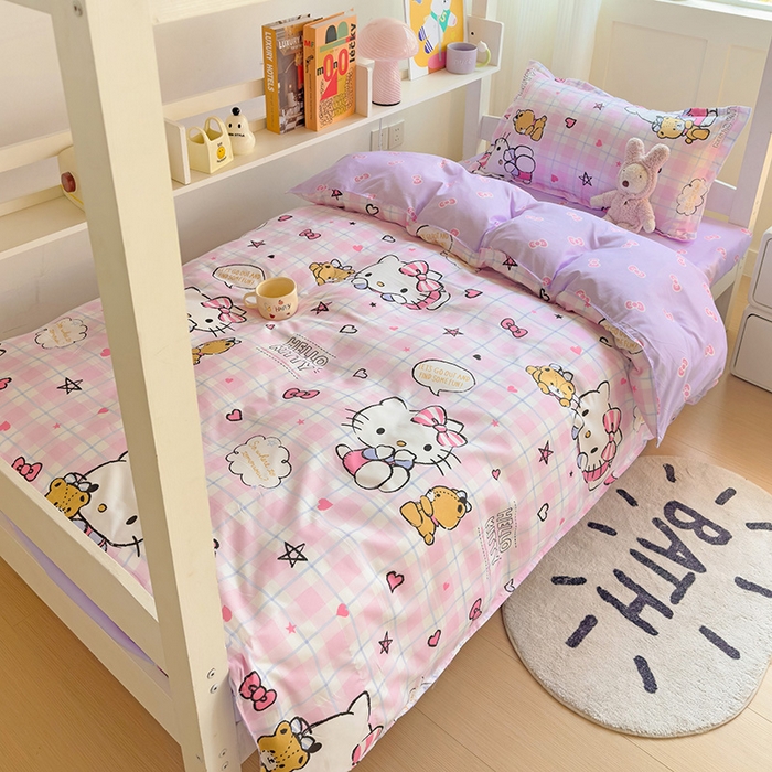 91家纺网 家纺一手货源 找家纺 楠沐家纺 2025新款亲肤芦荟棉印花学生宿舍上下铺四件套三件套 紫色KT猫