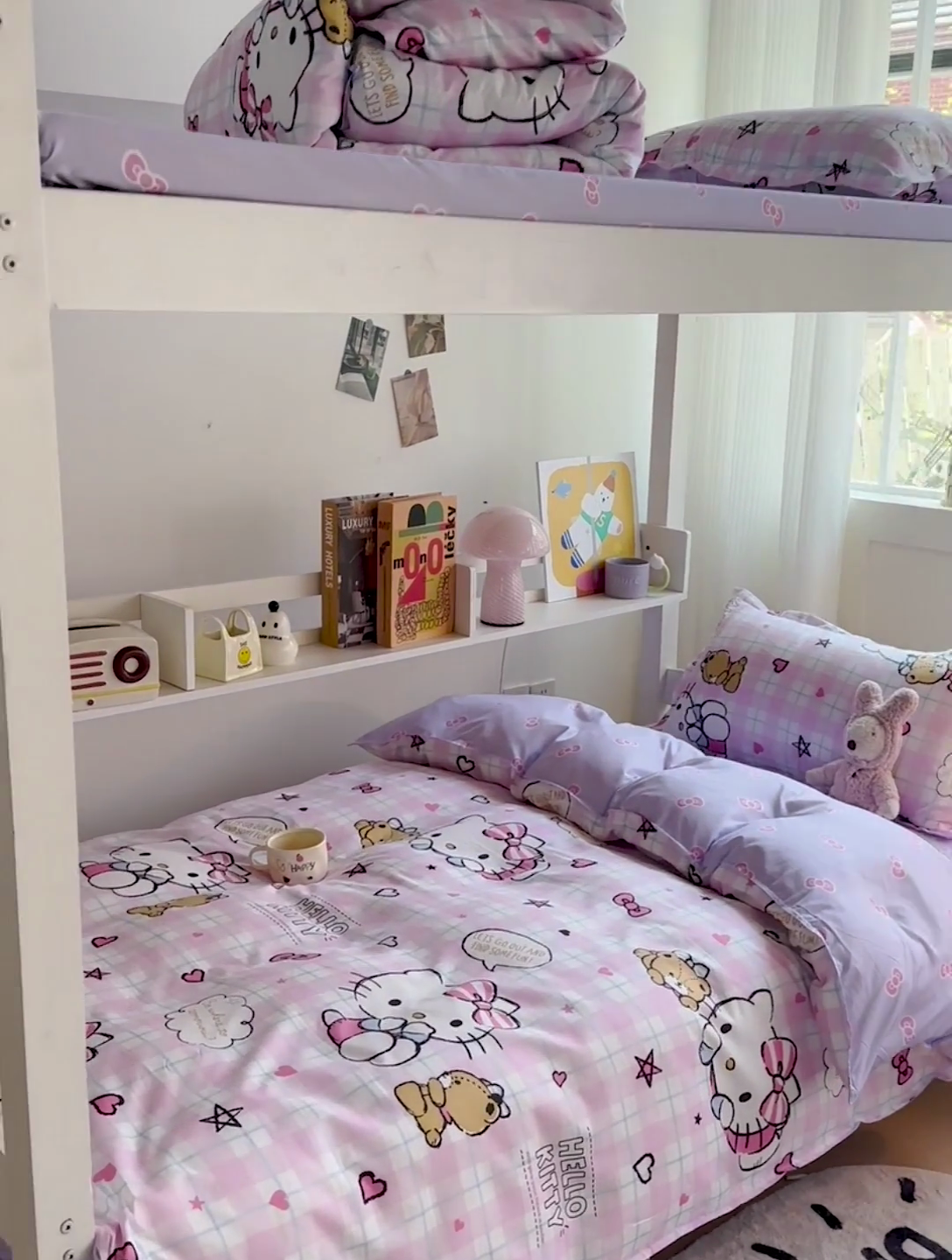 91家纺网 家纺一手货源 找家纺 楠沐家纺 2025新款亲肤芦荟棉印花学生宿舍上下铺四件套三件套 紫色KT猫