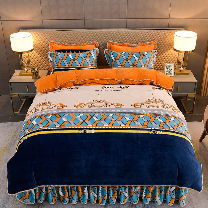 91家纺网 家纺一手货源 找家纺 曼尼家纺2025高克重直播印花床裙款法莱绒金貂珊瑚绒牛奶绒四件套 迷情方格