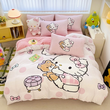 米帛家纺 2024新款正版授权大版三丽鸥牛奶绒四件套 小熊凯蒂猫