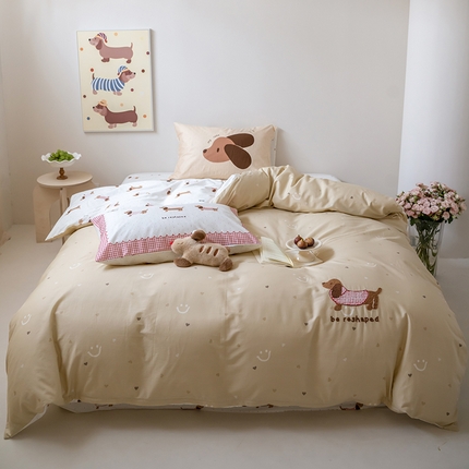 窝米2024毛巾绣x数码 13370全棉撞色卡通系列四件套 腊肠狗