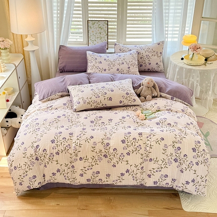 91家纺网 家纺一手货源 找家纺 悦织湾家纺 2025新款A类超柔提花云纱棉四件套 紫藤花