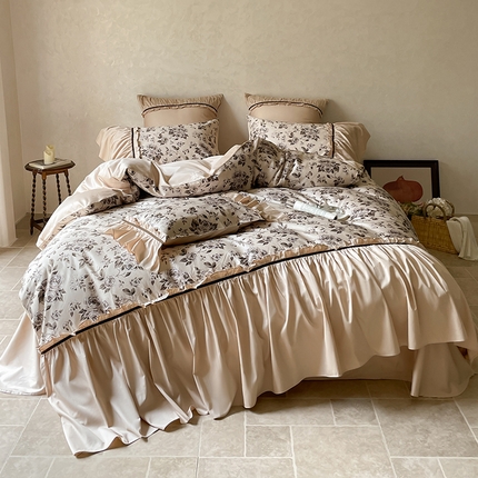 91家纺网 家纺一手货源 找家纺 FORTWO家纺原创设计（FOR TWO家纺） 2024新款复古法式全棉印花四件套系列 黑茶